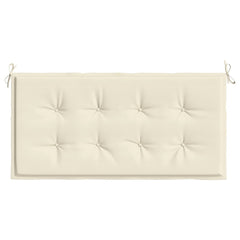 Cream garden bench cushion in Oxford fabric, 47x20x1 inches, with tufted surface and corner ties.
