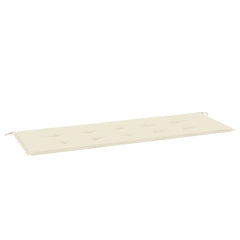 A cream-colored tufted garden bench cushion with ties on each end.