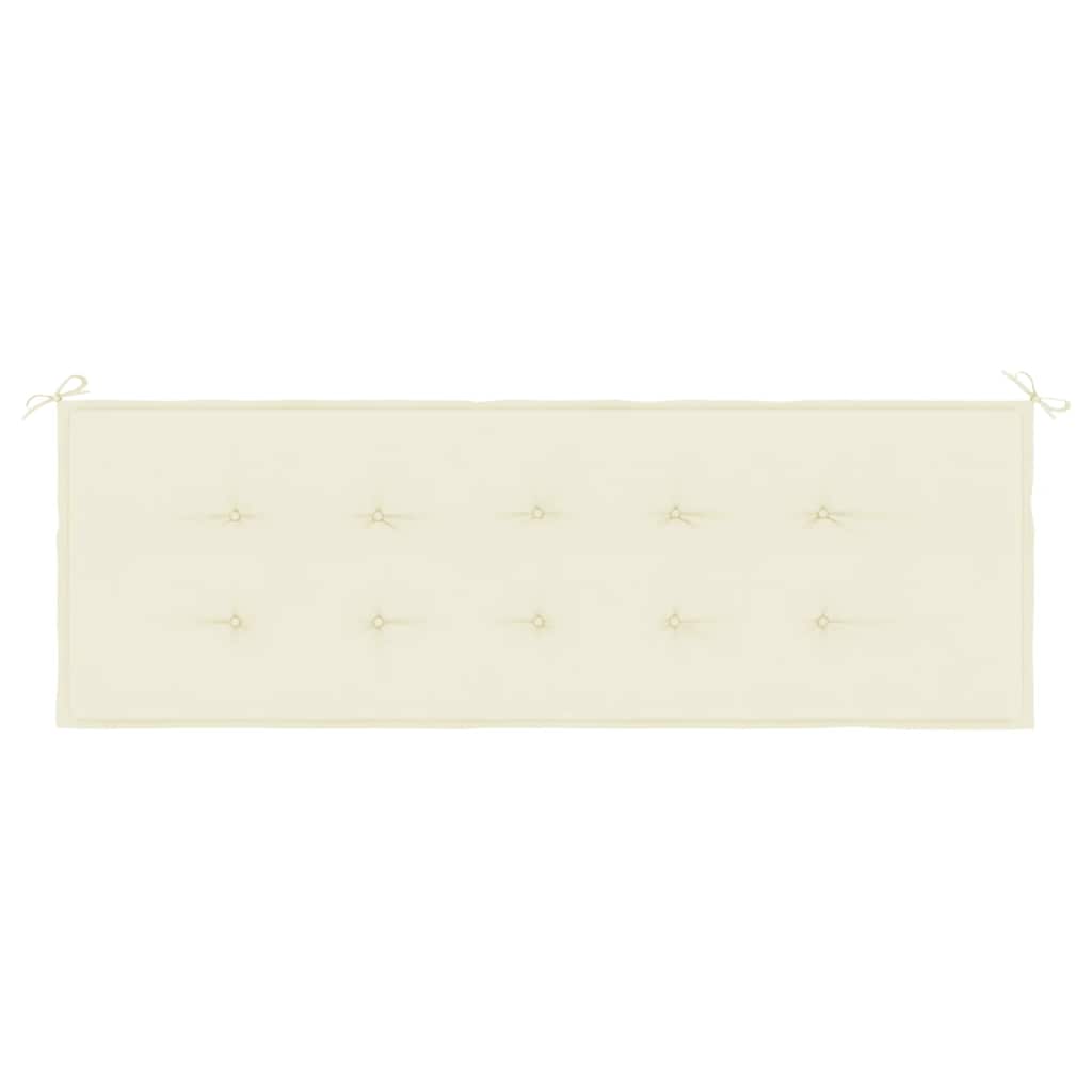 A cream-colored tufted garden bench cushion with ties at each end.