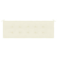 A cream-colored tufted garden bench cushion with ties at each end.