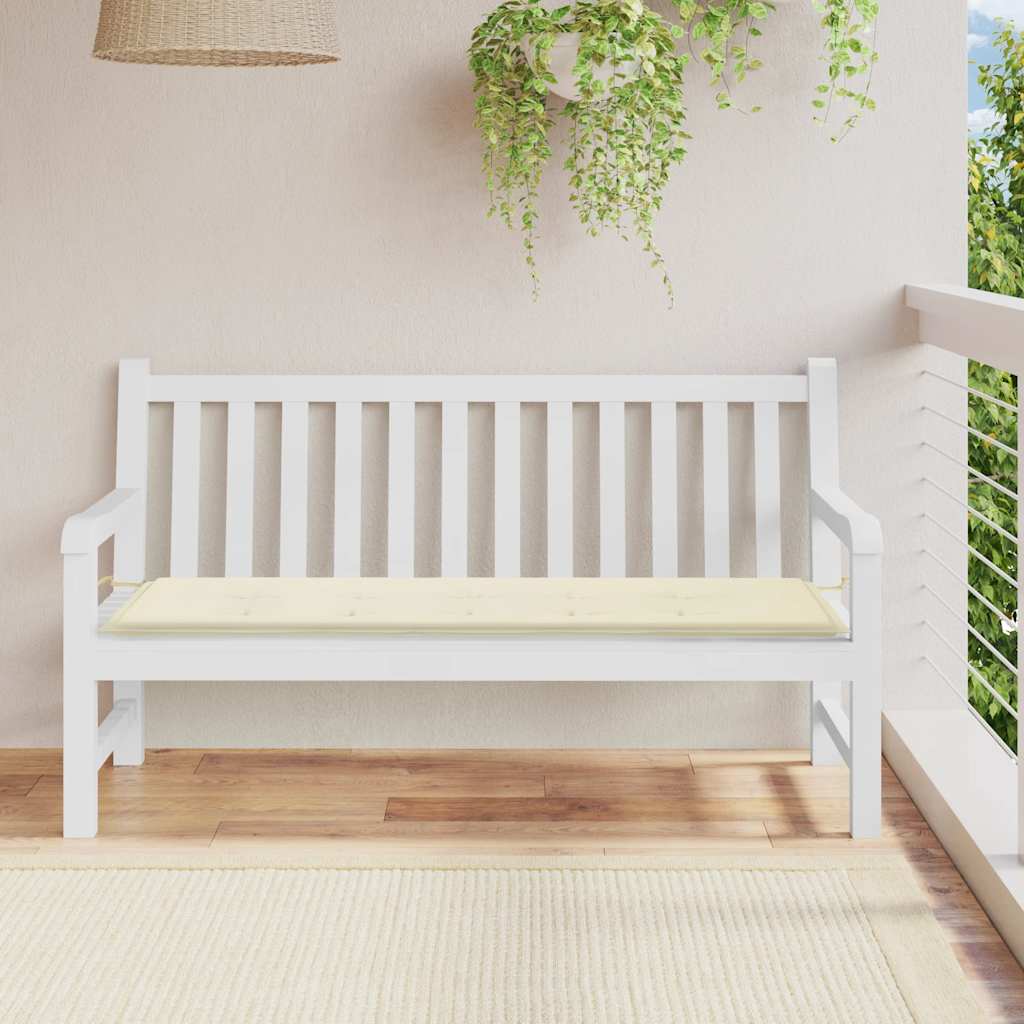Cream garden bench cushion in Oxford fabric, 59x20x2 inches, with ties.