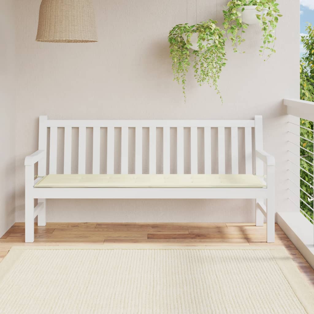 Cream Bostome garden bench cushion in Oxford fabric, sized 70.9x19.7x1.2 inches, on white bench.