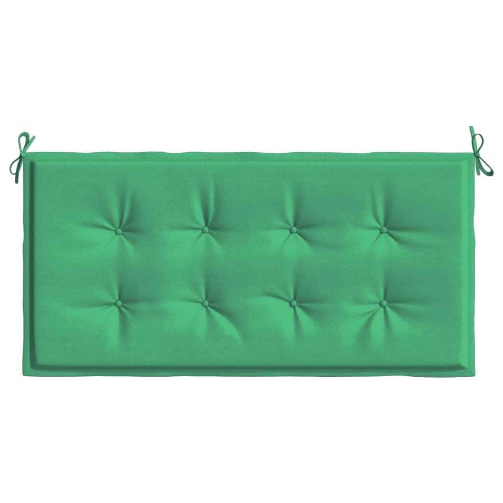 Green Oxford fabric garden bench cushion, 39.4x19.7x1.2in, with ties and tufting.