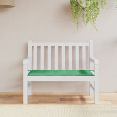 Green Oxford fabric garden bench cushion, 39.4x19.7x1.2 inches, on white bench.