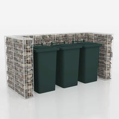 Galvanized steel gabion surround enclosing three green wheelie bins, measuring 98.4x39.4x47.2 inches.