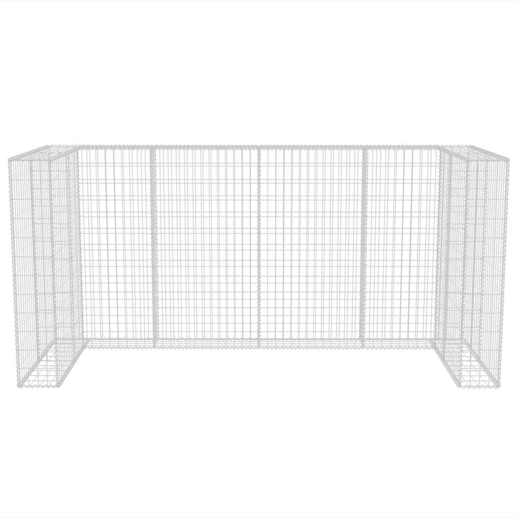 Galvanized steel triple wheelie bin gabion surround, 98.4x39.4x47.2 inches, with mesh grid and lids.