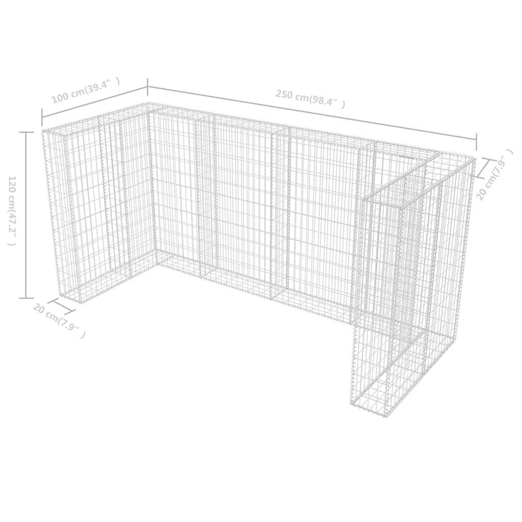 Galvanized steel triple wheelie bin gabion surround, L-shaped, 98.4x39.4x47.2 inches.