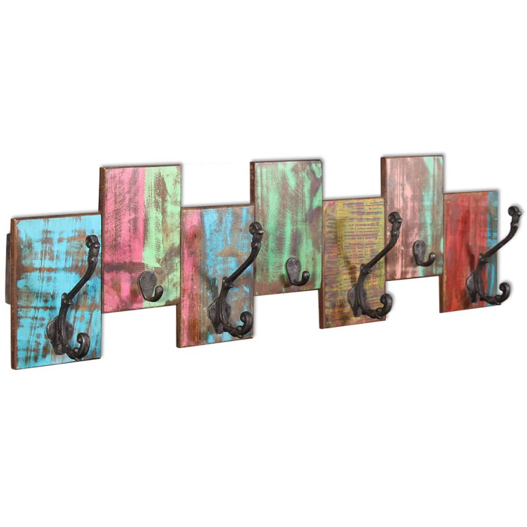 Vintage-style reclaimed wood coat rack with seven hooks in multicolored panels.