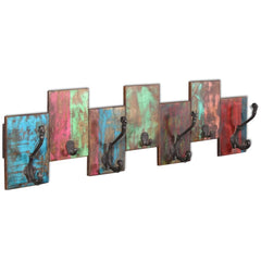Vintage-style 7-hook coat rack made from solid reclaimed wood with colorful patina.