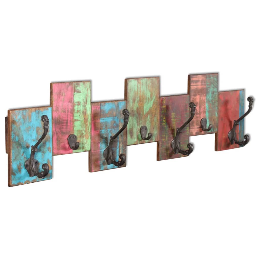 Vintage-style 7-hook coat rack made from solid reclaimed wood with colorful distressed panels.