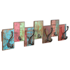 Vintage-style 7-hook coat rack made from solid reclaimed wood with colorful distressed panels.