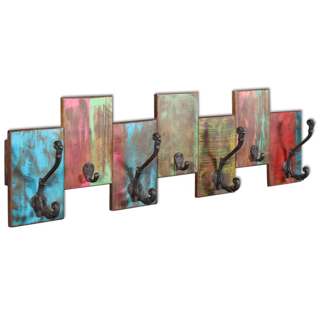 Vintage-style reclaimed wood coat rack with seven hooks and colorful patina.