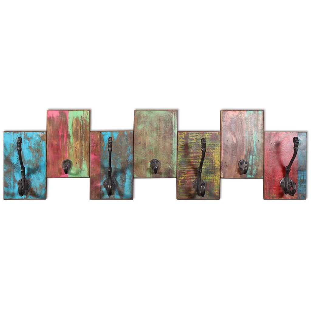 Vintage-style 7-hook coat rack made from solid reclaimed wood with colorful patina.