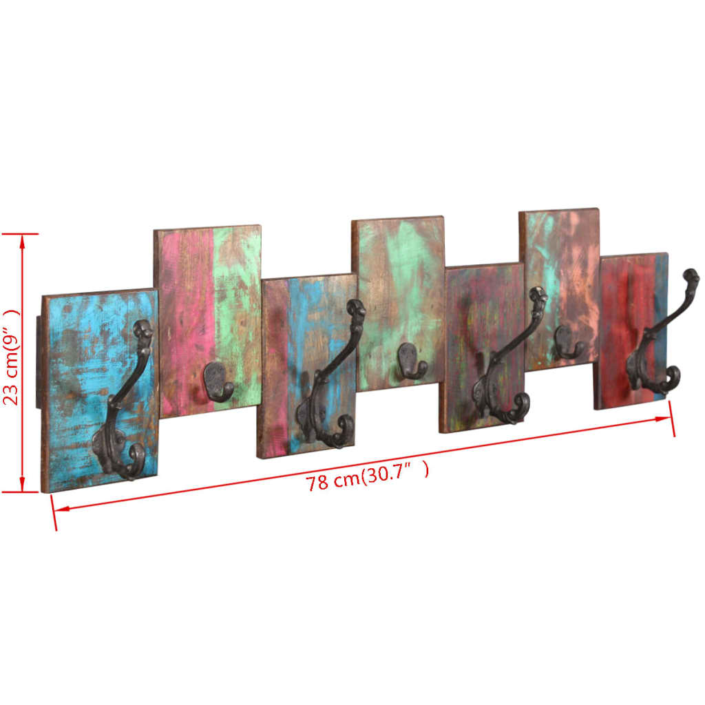 Vintage-style 7-hook coat rack made from solid reclaimed wood, 30.7 inches wide.
