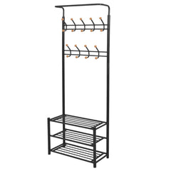 A black steel clothes rack with two tiers of shoe storage and two rows of coat hooks.