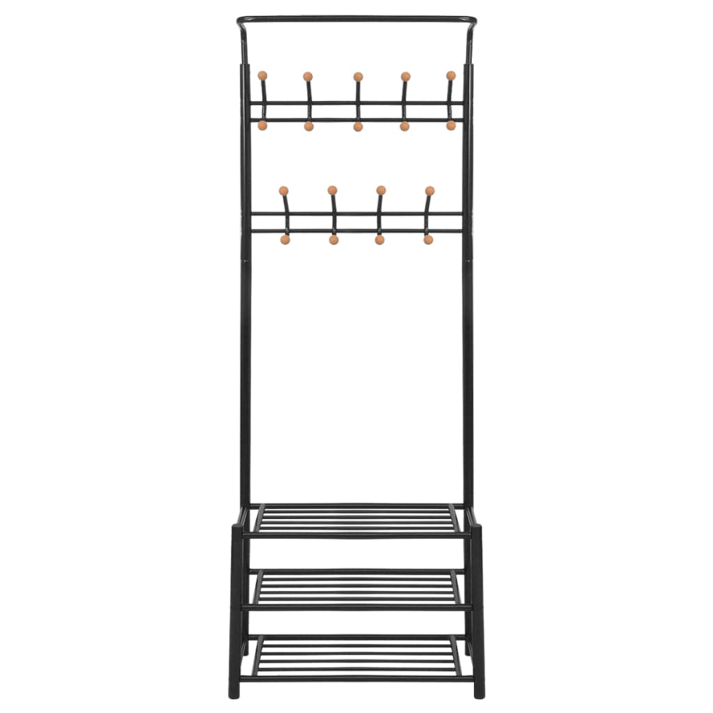 Black steel clothes rack with two tiers of shoe storage and two rows of hooks.