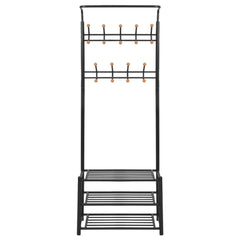 Black steel clothes rack with two tiers of shoe storage and two rows of hooks.