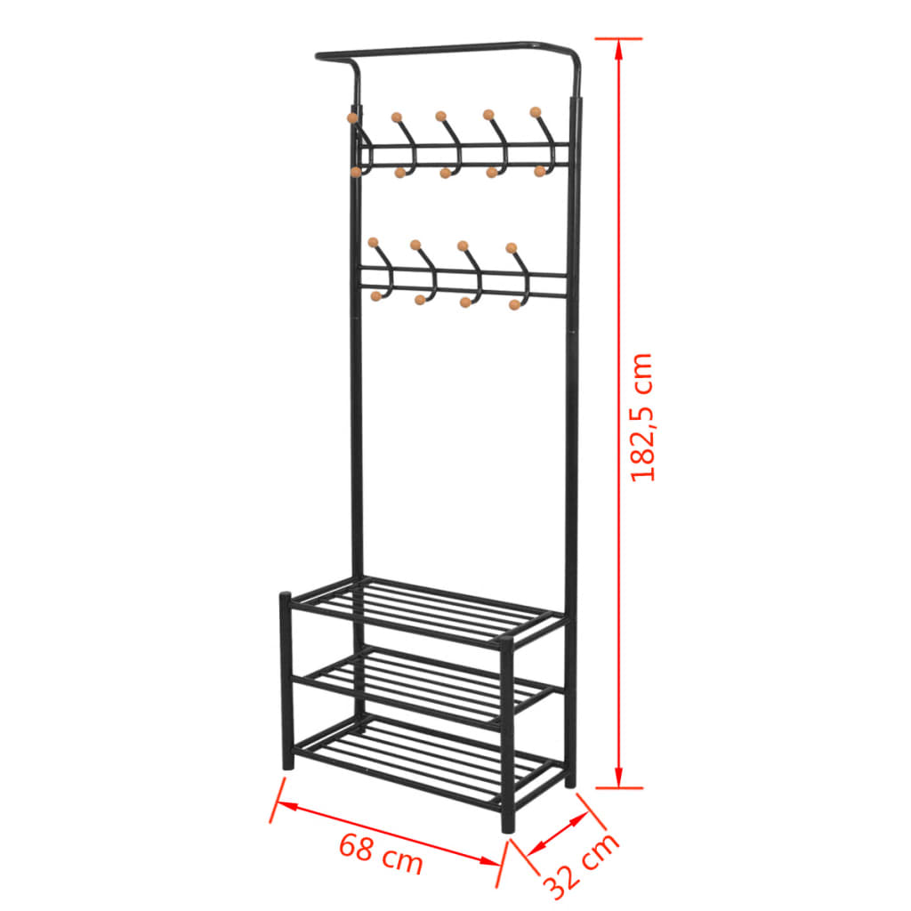 Black steel clothes rack with two-tier shelves for shoes and hooks for coats and accessories.