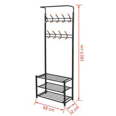 Black steel clothes rack with two-tier shelves for shoes and hooks for coats and accessories.