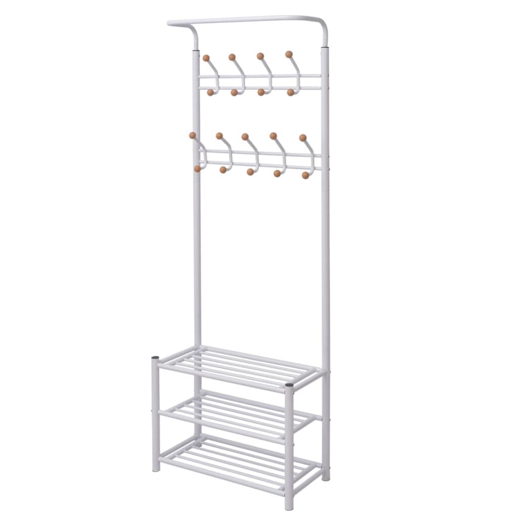 White steel coat rack with multiple hooks and three shoe shelves, measuring 26.8x12.6x71.9 inches.