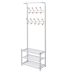 White steel coat rack with multiple hooks and three shoe shelves, measuring 26.8x12.6x71.9 inches.