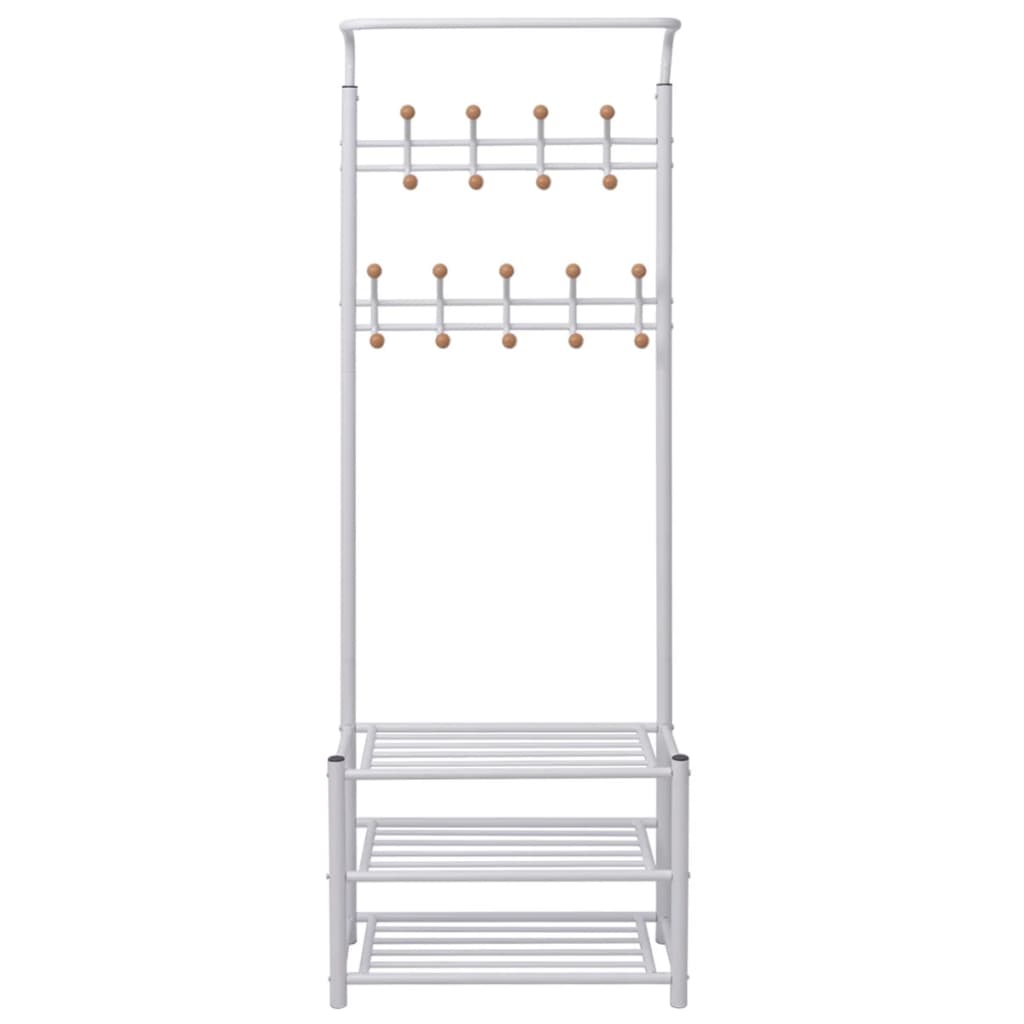 White steel coat rack with wooden hooks and three shoe storage shelves.