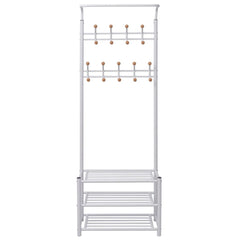 White steel coat rack with wooden hooks and three shoe storage shelves.
