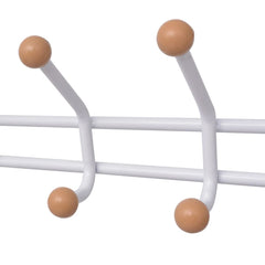 White steel coat rack with hooks and bottom shoe storage shelves.