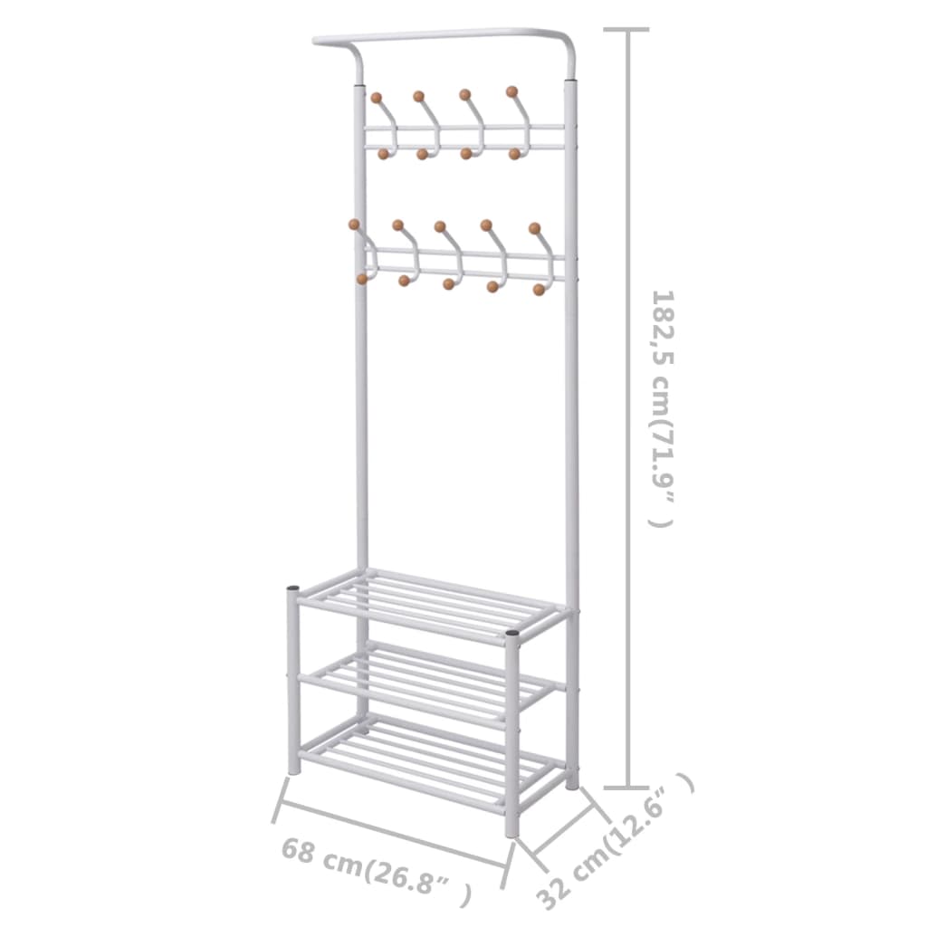 White steel coat rack with hooks and shoe shelves, measuring 26.8x12.6x71.9 inches.