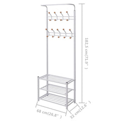 White steel coat rack with hooks and shoe shelves, measuring 26.8x12.6x71.9 inches.