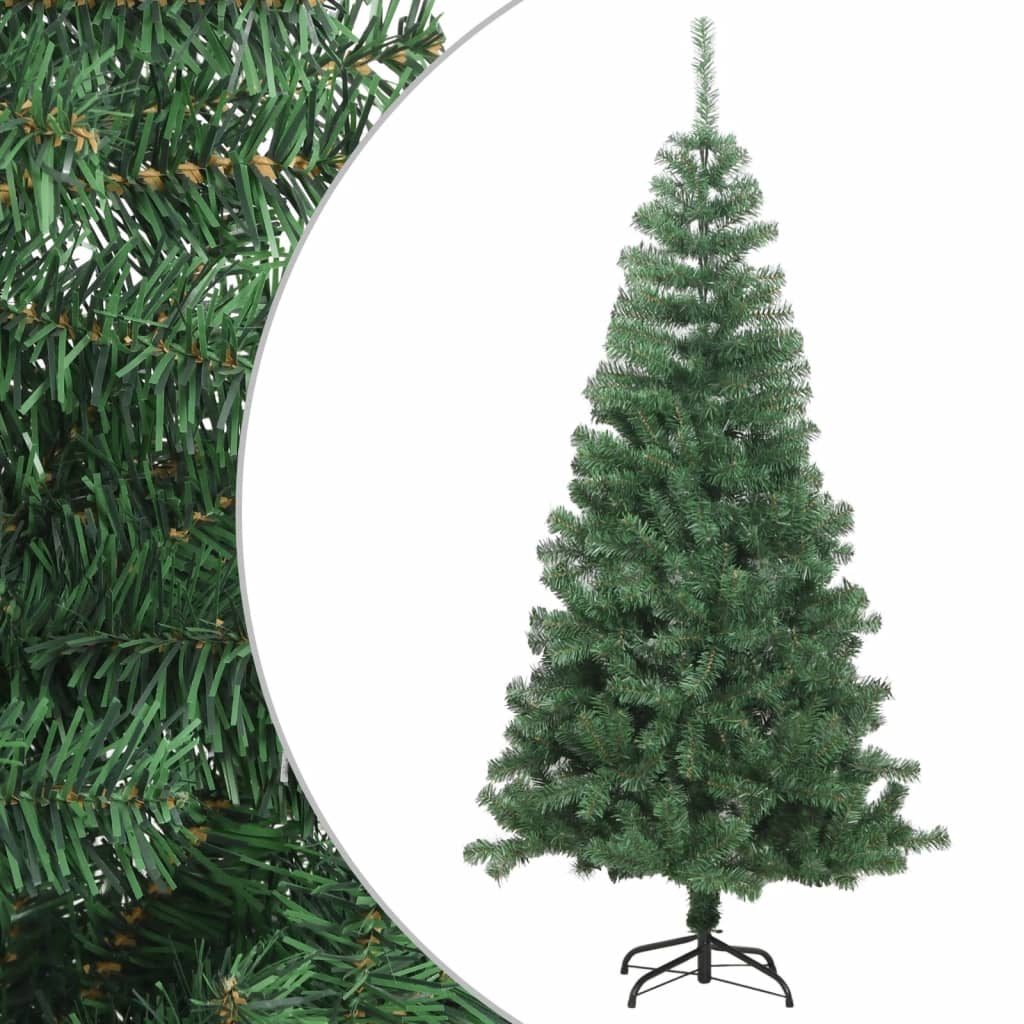 An 8-foot green artificial Christmas tree with PVC branches and a metal stand.