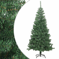 An 8-foot green artificial Christmas tree with PVC branches and a metal stand.