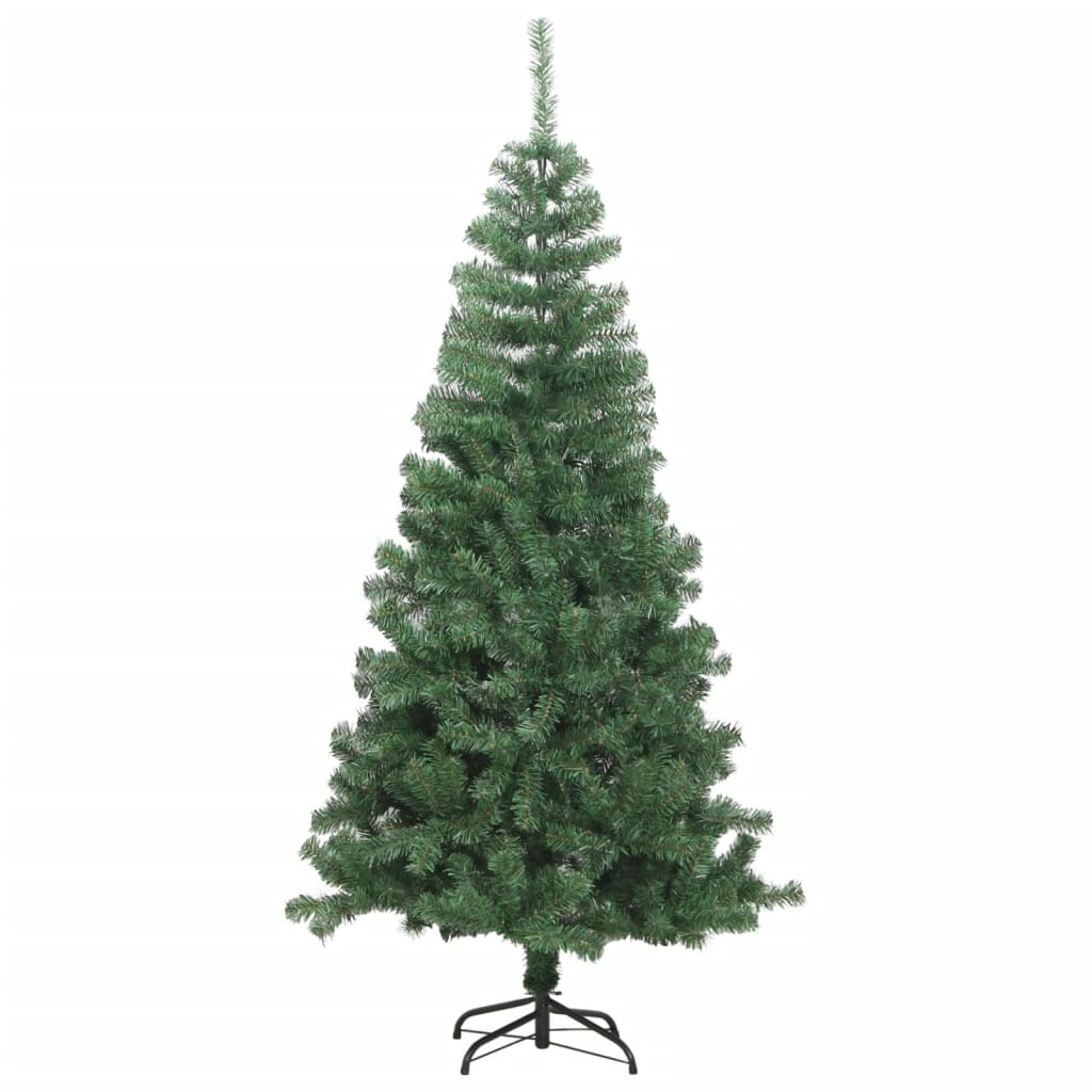 An 8-foot green artificial Christmas tree with 1300 PVC branches on a stand.