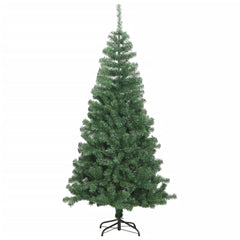 An 8-foot green artificial Christmas tree with 1300 PVC branches on a stand.