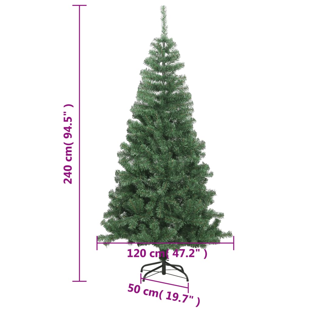 8 ft green artificial Christmas tree with 1300 PVC branches, 240 cm tall and 120 cm wide.