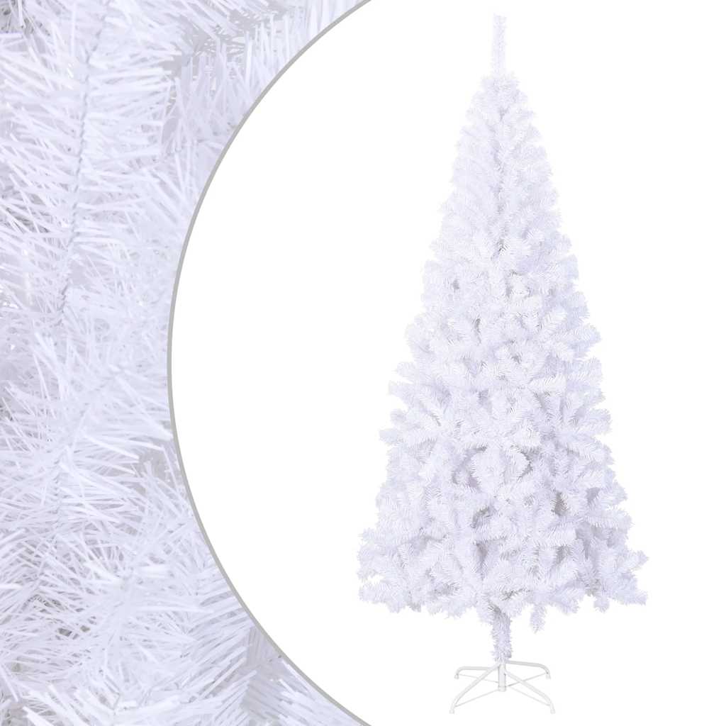 An 8-foot white artificial Christmas tree made of PVC with a metal stand.