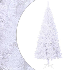 An 8-foot white artificial Christmas tree made of PVC with a metal stand.