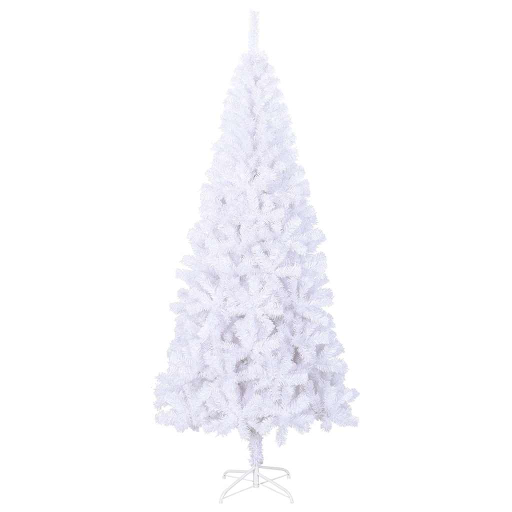 An 8-foot white artificial Christmas tree made of PVC with a metal stand.