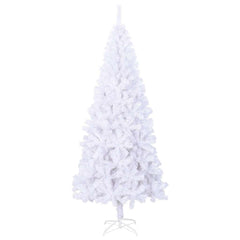 An 8-foot white artificial Christmas tree made of PVC with a metal stand.