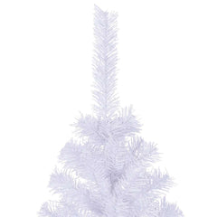 An 8-foot white artificial Christmas tree with PVC branches and metal stand.