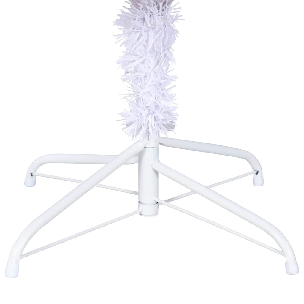 An 8 ft white artificial Christmas tree with PVC branches and a white metal stand.