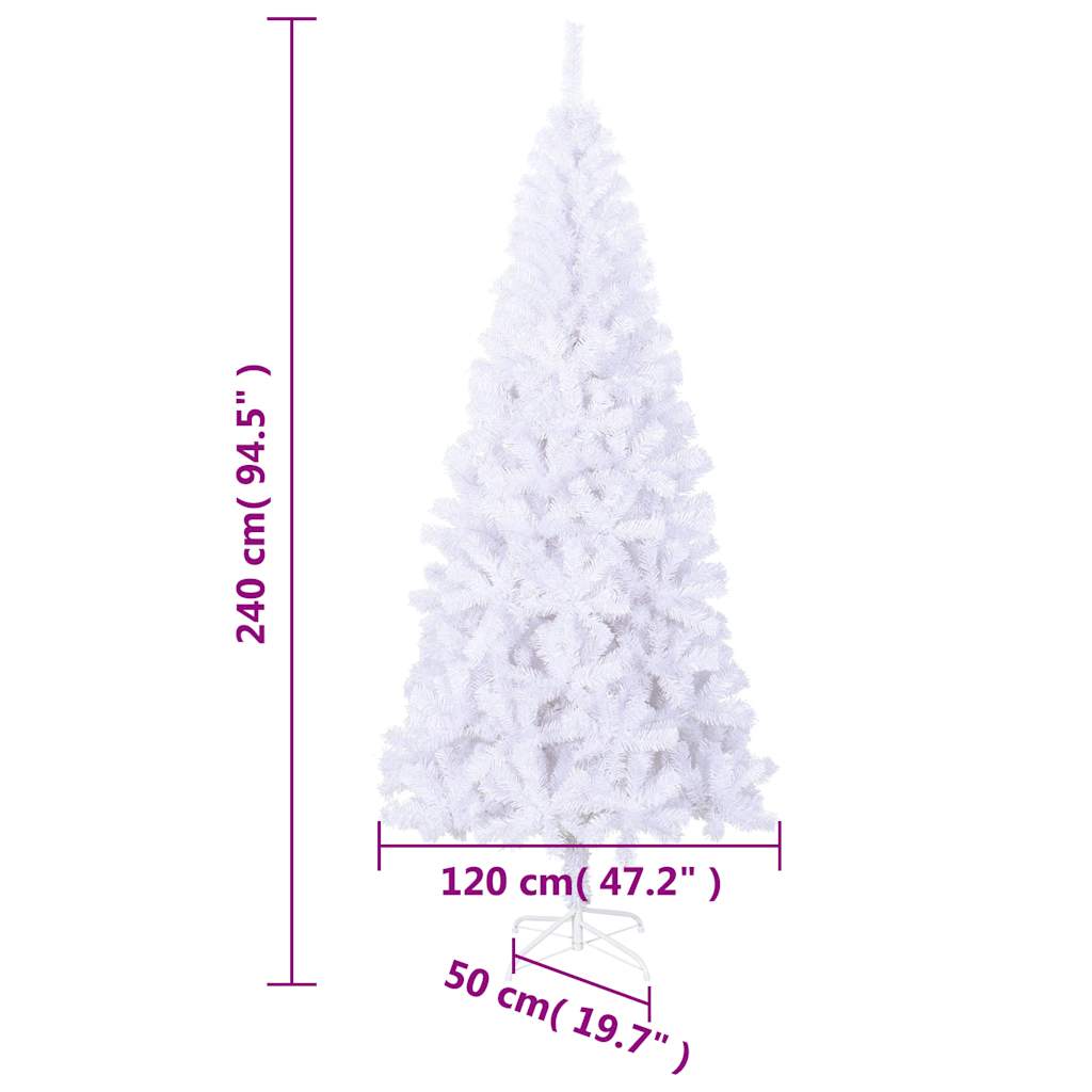 An 8 ft white artificial Christmas tree with PVC branches and metal stand, showing dimensions of 240 cm height, 120 cm width, and 50 cm depth.