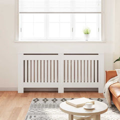 White MDF radiator cover, 67.7 inches wide, with slatted front in a modern living room.