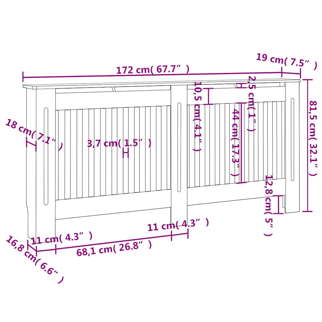 White MDF radiator cover with slatted design and dimensions: 67.7 inches wide.