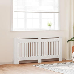 White MDF radiator cover, 67.7 inches wide, with slatted front in a light room.