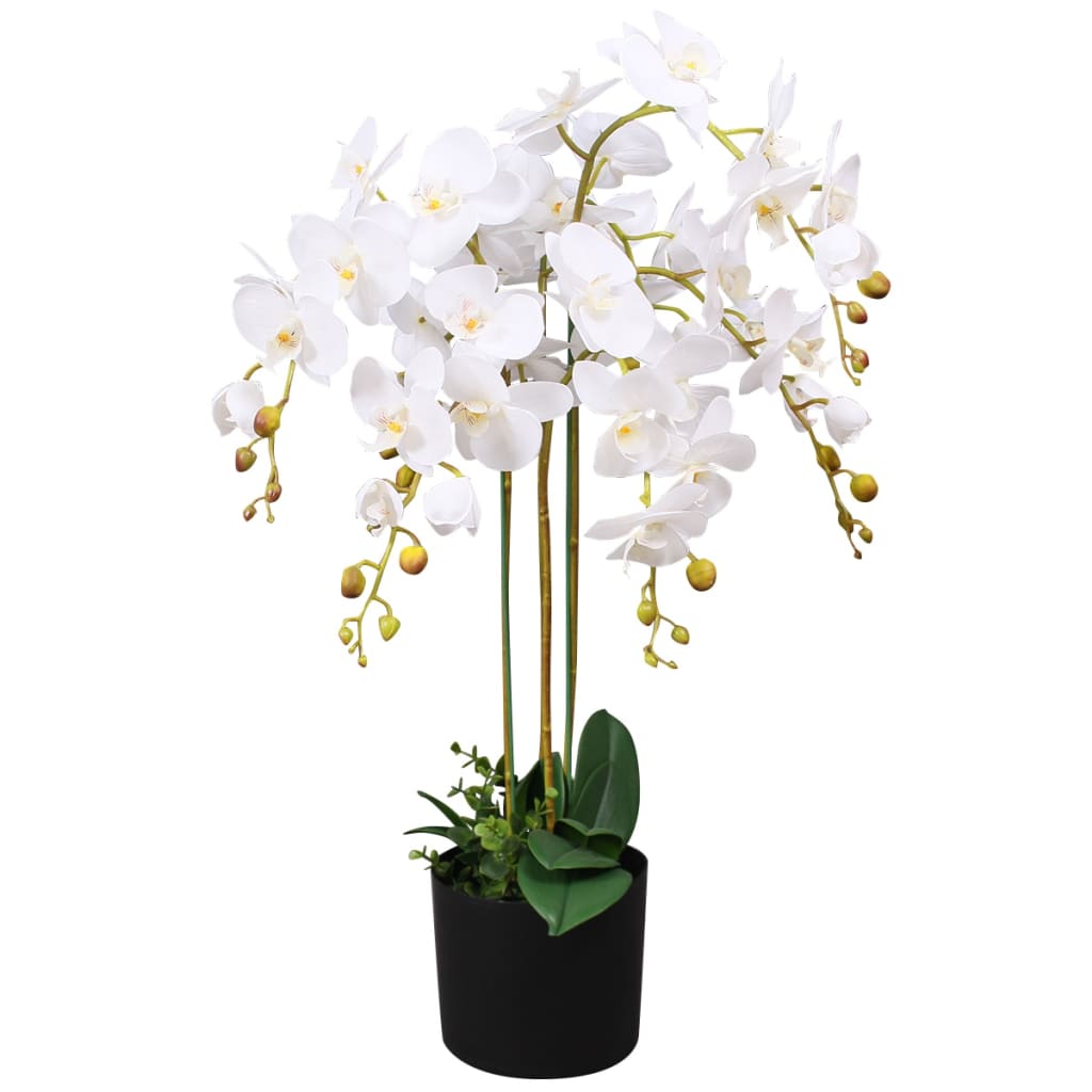 A 29.5-inch artificial white orchid plant with multiple blooms and green leaves in a black pot.