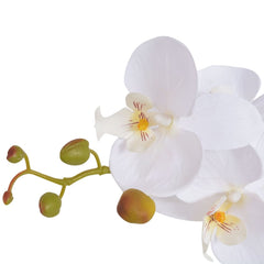 Artificial white orchid plant with white blooms, green stems, and pot, 29.5 inches high.