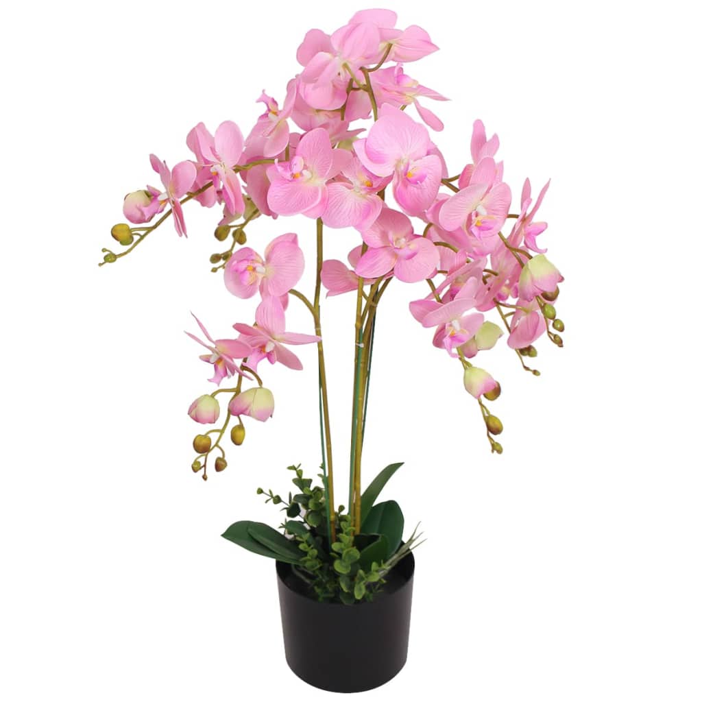 A 29.5-inch tall artificial pink orchid plant with multiple blooms and green leaves in a black pot.