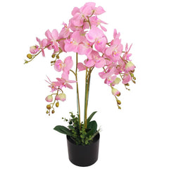 A 29.5-inch tall artificial pink orchid plant with multiple blooms and green leaves in a black pot.