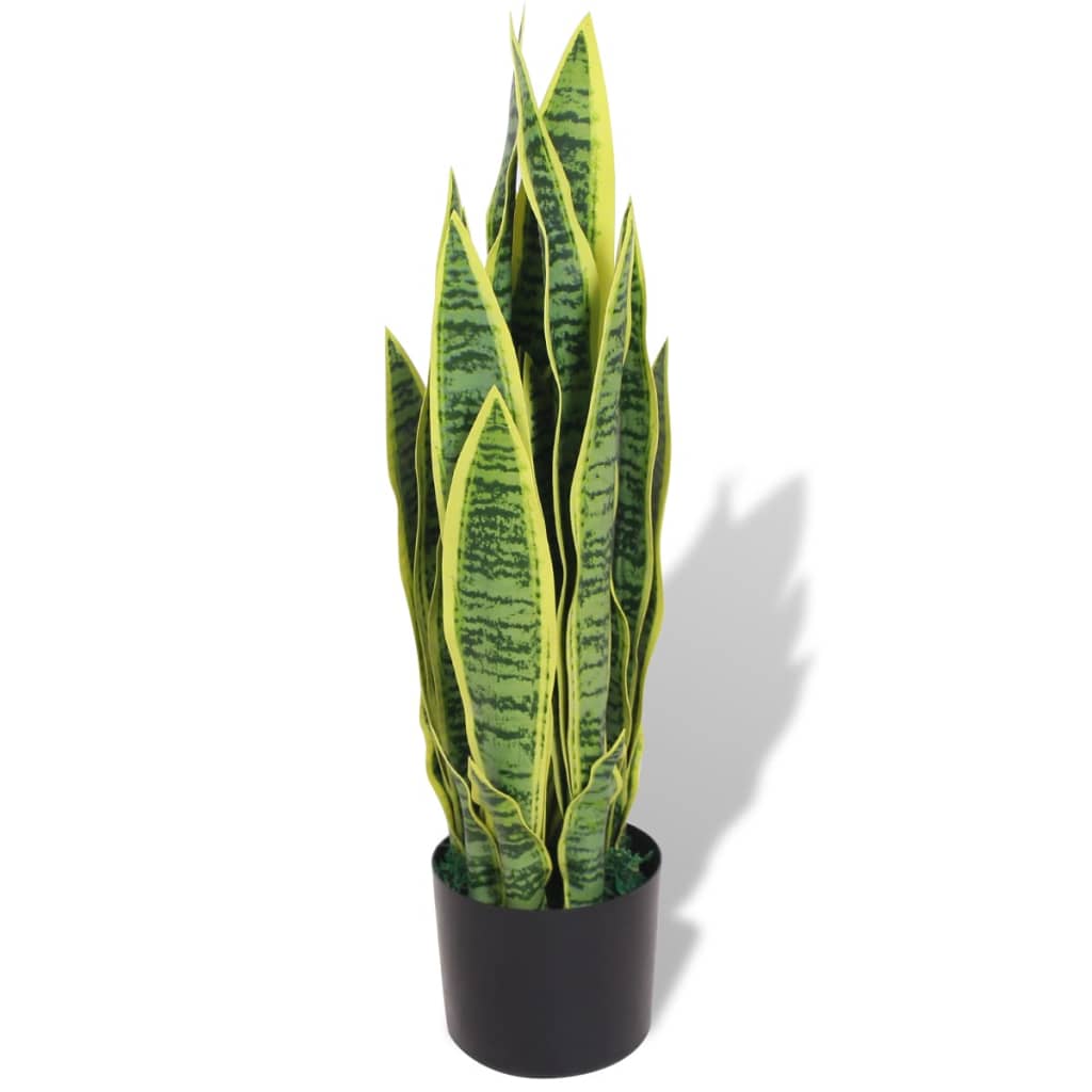 A 25.6-inch artificial Sansevieria plant with green variegated leaves in a black pot.